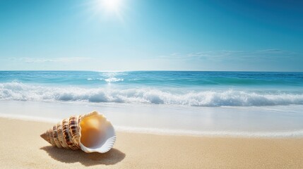 Obraz premium Shell on Sandy Beach with Calm Ocean and Bright Sunshine