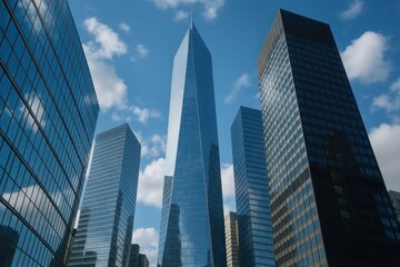 Modern skyscrapers under blue sky.