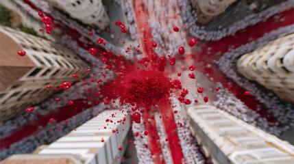 A Burst of Celebration: A stunning aerial view of a city street where a dazzling display of red balloons erupts, creating a vibrant and joyous spectacle. The balloons cascade from the sky.