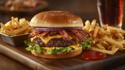 Bacon Cheeseburger with Fries and Ketchup