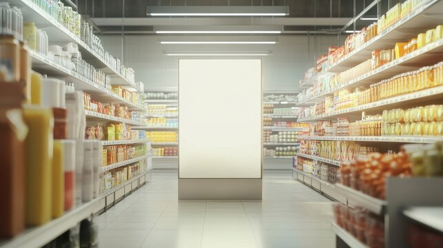 Blank vertical billboard mockup in a supermarket aisle with various products on shelves.