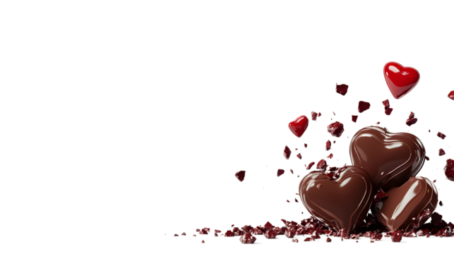Three chocolate hearts are scattered on a white background