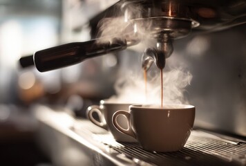 Steam rises from a coffee machine dispensing hot espresso into cups.