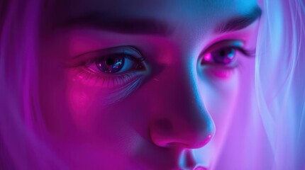 Neon face gazes sideways ethereal beauty