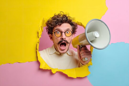 Man with Megaphone Screaming Through Hole in Colorful Paper