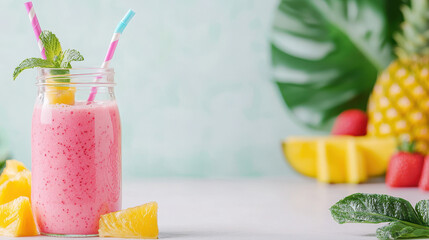 Refreshing smoothie jar with pink color, garnished with mint and served with straws, surrounded by tropical fruits like pineapple and strawberries