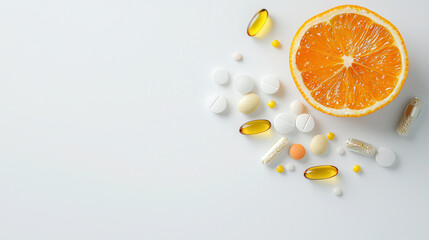 Fototapeta premium Fresh orange slice with assorted vitamins and supplements arranged on light background, showcasing health and wellness