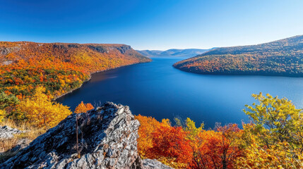 Naklejka premium Breathtaking autumn landscape featuring vibrant orange, yellow, and red foliage surrounding serene lake under clear blue sky