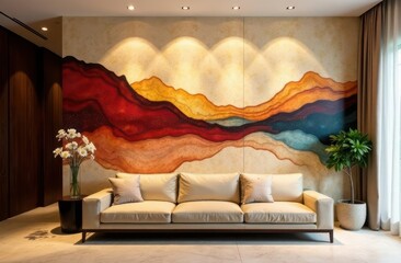 Lavish modern lounge area mock up, with sofa, plants and artificial lighting