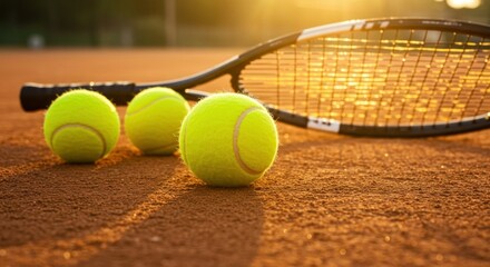 Golden Hour Tennis Racket and Balls on Court