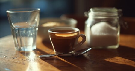 Espresso, water, and sugar on a wooden table.