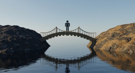 Fototapeta premium A simple figure stands on a small bridge over water.