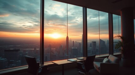 Office with sunrise view city skyscrapers