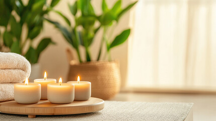 Cozy aromatherapy scene featuring lit candles, soft towels, and lush green plants, creating serene and relaxing atmosphere
