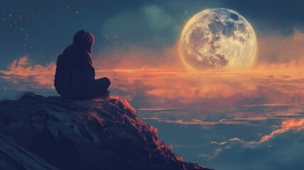 Obraz premium Cosmic wanderer gazes at the luminous moonrise over the tranquil horizon