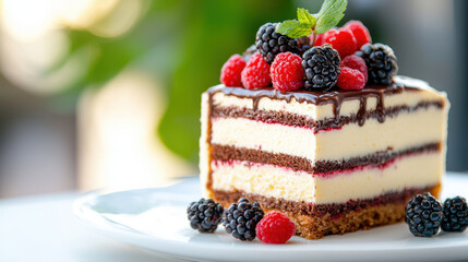 Delicious layered cake topped with fresh berries and mint, showcasing rich chocolate glaze and creamy filling, perfect for dessert lovers