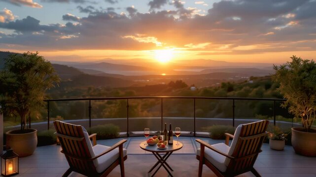 Glowing sunset over hills seen from terrace with glass table set for two. Concept of romance and quiet evening retreat