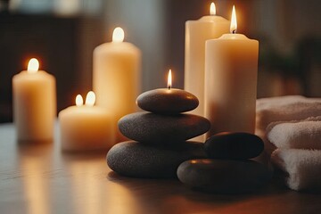 Soft glow of candles and stones, a serene spa setting.