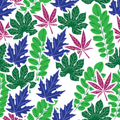 A dynamic blend of colorful foliage, this seamless leaf pattern is designed for versatility. With a vibrant combination of green, blue, and red-toned leaves, it’s ideal for fashion prints, home decor.