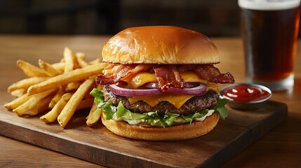 Bacon Cheeseburger with Fries and Beer