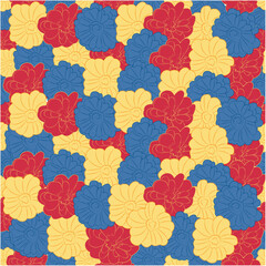 A charming floral pattern featuring a striking mix of primary colors—red, blue, and yellow. The playful yet elegant design is perfect for fabric prints, home decor, branding, and digital art.