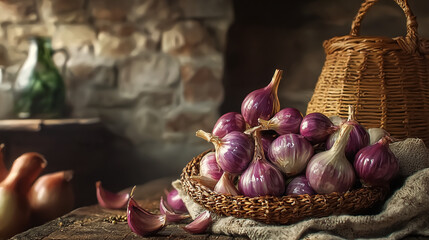 Shallots placed in a rustic kitchen setting.