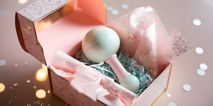 A baby rattle placed inside an open gift box, with decorative paper and confetti gently spread around. Overhead lighting gives a joyful and festive mood (3)