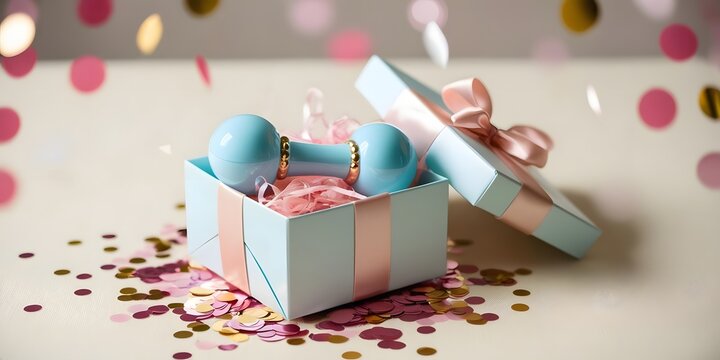 A baby rattle placed inside an open gift box, with decorative paper and confetti gently spread around. Overhead lighting gives a joyful and festive mood (2)