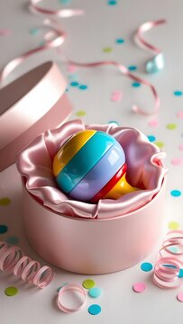 A baby rattle placed inside an open gift box, with decorative paper and confetti gently spread around. Overhead lighting gives a joyful and festive mood