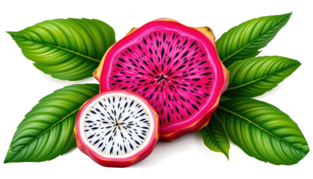 Vibrant dragon fruit halves with striking pink and white flesh, surrounded by lush green leaves, create refreshing and exotic visual. This tropical fruit is known for its unique appearance