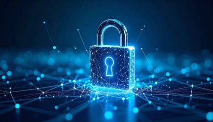 A glowing digital padlock symbolizes cybersecurity and data protection within a network of interconnected nodes