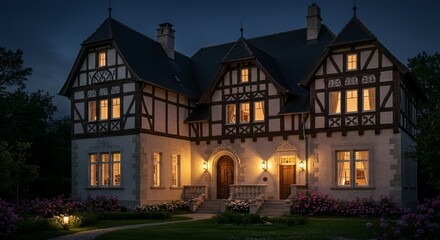 Naklejka premium Illuminated Tudor-style mansion at dusk, showcasing architectural details, warm interior lighting, and lush garden with blooming roses, creating a serene evening ambiance.