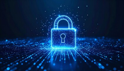 A digital lock icon symbolizes cybersecurity and data protection, illuminated against a dark background with glowing particles