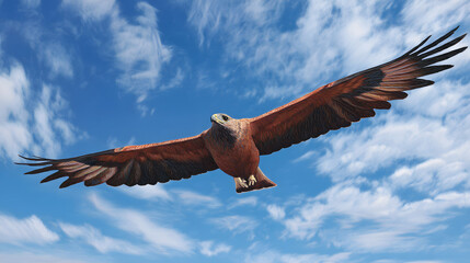 Fototapeta premium A large brown bird with a black head flying in the sky
