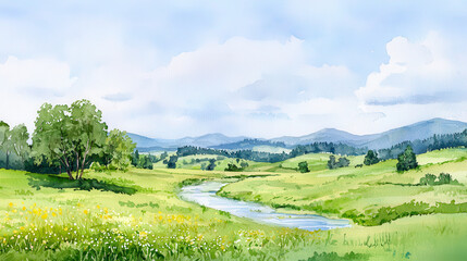 Obraz premium Serene watercolor landscape featuring flowing river, lush green fields, and distant mountains under bright sky
