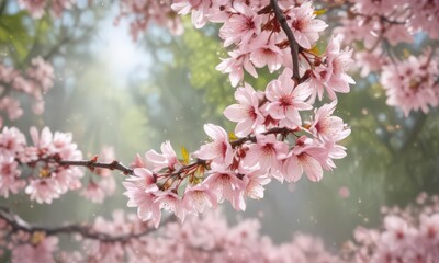 Delicate pink sakura petals softly descend against a gentle spring bokeh ,  element,  flower,  bloom
