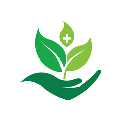 Green Healthcare and Hand with Leaf Logo