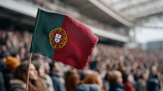 Portuguese Flag at Stadium: A small Portuguese flag held aloft amidst a blurred background of cheering spectators at a vibrant sporting event. The flag's colors pop against the sea of faces.