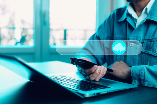 Cloud technology concept Global network of metaverse systems concept, Man hand touch data with internet cloud technology and File Transfer backup copy,Global business  Internet for Telecommunication - Powered by Adobe