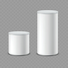 Realistic Blank White Metal Food Can Mockups, Different Sizes. Vector