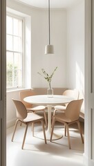 A bright dining nook with a round marble table and curved wood chairs, using soft beige and white palette. Accented with a single pendant light and a glass vase, lit by daylight from a side window. 