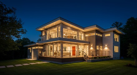 Modern Luxury Home Exterior at Night with Illuminated Lights, Deck, and Lush Green Lawn, Showcasing Architectural Design and Contemporary Living.