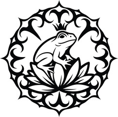Frog sitting on a lotus flower isolated vector icon, frog sitting on a lotus flower silhouette vector art, frog sitting on a lotus flower line art vector illustration