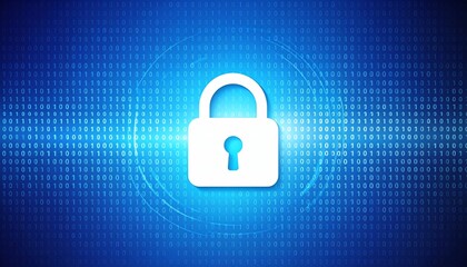 A digital lock symbol on a blue background with binary code, representing cybersecurity and data protection