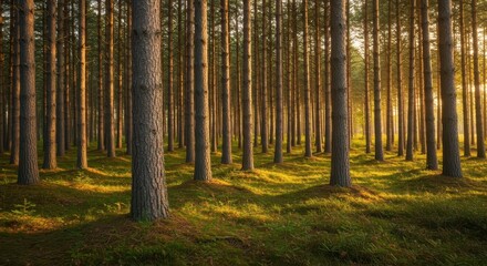 Obraz premium Serene Sunlit Forest Scene Featuring Tall Pine Trees with Gentle Shadows, Lush Green Grass, and Soft Morning Light Filtering Through Canopies
