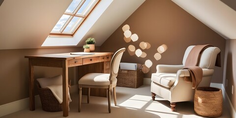 A cozy attic home office with a skylight, featuring a rustic wooden desk and a linen-upholstered chair, in soft brown and cream tones. Decor includes a woven basket and paper organizer,