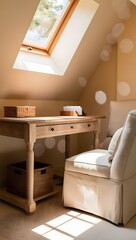 A cozy attic home office with a skylight, featuring a rustic wooden desk and a linen-upholstered chair, in soft brown and cream tones. Decor includes a woven basket and paper organizer, 