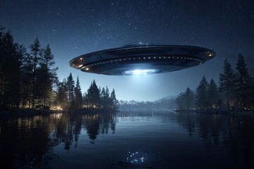 Obraz premium Ufo Over Lake at Night
