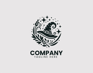 Pointed Witch Hat Silhouette with Stars and Swirls Vector Logo Design, Witch Hat Silhouette Stars Swirls Vector Logo, Mystical Pointed Hat Stars Swirls Illustration Logo