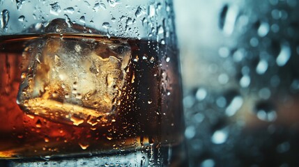 Rainy day, whiskey glass with ice